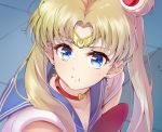  1girl artist_name bangs bare_shoulders bishoujo_senshi_sailor_moon blonde_hair blue_eyes blue_sailor_collar blush bow bowtie breasts choker circlet cleavage clenched_teeth collarbone commentary commentary_request crescent crescent_earrings derivative_work earrings eyebrows_visible_through_hair eyelashes from_side hair_ornament hair_over_shoulder heart heart_choker imo_bouya jewelry long_hair parted_bangs red_choker red_neckwear sailor_collar sailor_moon sailor_moon_redraw_challenge sailor_senshi_uniform school_uniform screencap_redraw serafuku signature solo sweatdrop teeth tsukino_usagi twintails upper_body 