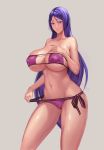  1girl absurdres bangs bare_shoulders bikini breasts cleavage covered_nipples eyepatch_bikini fate/grand_order fate_(series) grey_background hand_on_own_chest highres huge_breasts kl1251787363 long_hair minamoto_no_raikou_(fate/grand_order) minamoto_no_raikou_(swimsuit_lancer)_(fate) navel parted_bangs parted_lips purple_bikini purple_eyes purple_hair revision side-tie_bikini standing stomach strap_pull strapless strapless_bikini swimsuit thighs underboob very_long_hair 