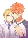  1boy 1girl artoria_pendragon_(all) blonde_hair blue_ribbon bow braid closed_eyes emiya_shirou eyebrows_visible_through_hair fate/stay_night fate_(series) hair_ribbon highres holding_hands multicolored multicolored_clothes nipi27 orange_hair parted_lips ribbon saber short_hair simple_background smile sparkle white_background 