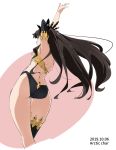  artist_name ass ass_focus asymmetrical_legwear asymmetrical_sleeves bangs black_hair crown dated detached_sleeves earrings fate/grand_order fate_(series) hoop_earrings ishtar_(fate)_(all) ishtar_(fate/grand_order) jewelry neck_ring outstretched_arm parted_bangs single_detached_sleeve single_sleeve single_thighhigh tabata_hisayuki thighhighs tiara 