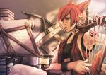  1boy animal_ears bangs brown_hair cat_ears facial_mark final_fantasy final_fantasy_xiv g&#039;raha_tia harp heterochromia highres indoors instrument male_focus mihira_(tainosugatayaki) miqo&#039;te mouth_hold neck_tattoo profile red_hair sheet_music short_hair sitting sleeveless solo tattoo waistcoat wrist_cuffs 