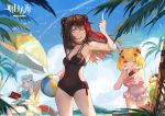  3girls ;) ;q absurdres animal_ears arknights ball bangs bare_shoulders beach_chair beach_umbrella beachball bear_ears black_hair black_swimsuit blonde_hair blue_eyes blue_hair blue_sky blue_swimsuit book breasts chinese_commentary cleavage cloud commentary_request copyright_name day feet_out_of_frame food gummy_(arknights) hair_ornament hairclip hand_up highres holding holding_ball holding_book holding_food innertube istina_(arknights) long_hair medium_breasts middle_finger multicolored_hair multiple_girls off_shoulder one-piece_swimsuit one_eye_closed outdoors pink_swimsuit red_hair short_hair sky small_breasts smile standing streaked_hair swimsuit thighs tongue tongue_out umbrella xixi_(xixi-jun) zima_(arknights) 