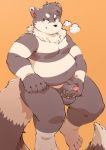  2020 anthro balls belly brown_body brown_fur canid canine domestic_ferret fur gazpacho genitals hi_res humanoid_hands hybrid male mammal masturbation mustela mustelid musteline orange_background overweight overweight_male penis raccoon_dog simple_background solo tanuki 