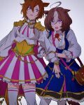  2girls ahoge alarmed animal_ears armor bag blue_jacket blue_skirt bright_pupils brown_hair cape chain collared_shirt commentary cowboy_shot cropped_shirt framed_breasts furrowed_brow gloves gold_armor gold_chain gold_necklace gold_ring hairband highres holding_another&#039;s_arm horse_ears horse_girl horse_tail jacket jewelry long_sleeves looking_at_another meisho_doto_(umamusume) multicolored_clothes multicolored_hair multicolored_skirt multiple_girls multiple_rings neck_ribbon necklace orange_hair orange_tail pauldrons pink_cape pink_hairband pink_ribbon pink_skirt pleated_skirt purple_eyes ribbed_shirt ribbon ring scared shirt short_hair shoulder_armor shoulder_bag skirt sleeveless sleeveless_jacket standing t.m._opera_o_(umamusume) tail thighhighs two-tone_hair two-tone_skirt umamusume v-shaped_eyebrows vambraces white_gloves white_hair white_pupils white_shirt white_skirt white_thighhighs yukke_(nama29_umai) zettai_ryouiki 