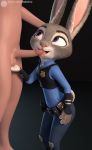  3d_(artwork) absurd_res canid canine chickenass clothed clothing digital_media_(artwork) disney erection fellatio female feral fur genitals hi_res human judy_hopps lagomorph leporid licking male male/female male_on_feral mammal multicolored_ears oral penile penis penis_lick police_uniform purple_eyes rabbit sex tongue tongue_out uniform zootopia 