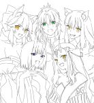  5girls animal_ears bangs bare_shoulders blunt_bangs braid breasts cleavage fangs fate/apocrypha fate/extra fate/extra_ccc fate/extra_ccc_fox_tail fate/grand_order fate_(series) fox_ears green_eyes hair_between_eyes hair_ornament hair_ribbon highres horns ibaraki_douji_(fate/grand_order) long_hair looking_at_viewer mordred_(fate) mordred_(fate)_(all) multiple_girls nipi27 no_bangs oni_horns open_mouth parted_bangs partially_colored ponytail purple_eyes ribbon short_hair shuten_douji_(fate/grand_order) sidelocks simple_background smile suzuka_gozen_(fate) tamamo_(fate)_(all) tamamo_no_mae_(fate) teeth white_background yellow_eyes 
