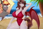  ! 3:2 anthro bat_pony beach big_breasts blush breasts cleavage clothed clothing duo equid eyewear female glasses hi_res huge_breasts kaikururu looking_at_viewer male mammal membrane_(anatomy) membranous_wings my_little_pony one-piece_swimsuit palm_tree pose scarlet_quill_(oc) seaside swimwear tree water wings 