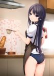  1girl apron ass baguette bangs bare_thighs basket black_hair blue_buruma bread buruma cabinet closed_mouth coffee-kizoku coffee_pot commentary_request cowboy_shot food from_behind gym_shirt gym_uniform highres holding indoors kitchen long_hair looking_at_viewer looking_back original purple_eyes shiramine_rika shirt short_sleeves solo standing thighs white_shirt window 