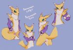  2019 3_fingers anthro black_sclera blue_eyes clothing digimon digimon_(species) english_text fingers gloves handwear hi_res japanese_text kemono looking_at_viewer neck_tuft renamon rykanokk simple_background solo standing text tuft 