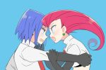  1boy 1girl atsumi_yoshioka blue_eyes blue_hair comforting crying green_earrings green_eyes kojirou_(pokemon) musashi_(pokemon) pokemon pokemon_(anime) red_hair team_rocket 