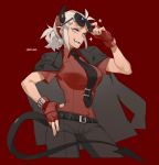  1girl bare_arms belt black_neckwear breasts character_name collared_shirt cowboy_shot cropped_legs demon_girl demon_horns demon_tail fangs fingerless_gloves gloves grey_eyes grey_hair grey_jacket grey_pants hairband hand_on_eyewear hand_on_hip hand_up helltaker highres horns jacket jacket_on_shoulders justice_(helltaker) knifedragon looking_at_viewer medium_hair necktie open_mouth pants red_background red_gloves red_hairband red_shirt shirt short_ponytail short_sleeves sidelocks simple_background smile solo sparkle sunglasses tail teeth wing_collar 
