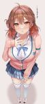  1girl :o absurdres ahoge blue_overskirt blue_ribbon blue_skirt blush breasts brown_hair button_gap cardigan commentary_request full_body gakuen_idolmaster hair_bun hanami_ume hatsuboshi_gakuen_school_uniform highres idolmaster large_breasts lemon_t long_sleeves looking_at_viewer neck_ribbon open_collar pink_cardigan pleated_skirt ribbon school_uniform shirt shoes single_side_bun skirt sneakers solo standing thighhighs translation_request white_shirt white_thighhighs zettai_ryouiki 