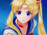  1girl akatsuki_(kuon) bishoujo_senshi_sailor_moon blonde_hair blue_eyes blue_sailor_collar breasts choker cleavage collarbone commentary_request crescent crescent_earrings derivative_work diadem earrings eyebrows_visible_through_hair hair_bun heart heart_choker jewelry long_hair red_choker sailor_collar sailor_moon sailor_moon_redraw_challenge sailor_senshi sailor_senshi_uniform screencap_redraw solo tsukino_usagi twintails twitter_username upper_body 