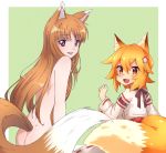  2girls :d animal_ear_fluff animal_ears ass back bangs blonde_hair blush brown_hair crossover english_commentary fang flower fox_ears fox_girl fox_tail from_behind green_background hair_between_eyes hair_flower hair_ornament holo japanese_clothes kukie-nyan long_hair looking_at_viewer looking_back miko multiple_girls nude open_mouth red_eyes ribbon-trimmed_sleeves ribbon_trim senko_(sewayaki_kitsune_no_senko-san) sewayaki_kitsune_no_senko-san short_hair simple_background skin_fang smile spice_and_wolf tail wolf_ears wolf_girl wolf_tail yellow_eyes 