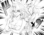  2girls arms_up bare_shoulders ben-day_dots breast_hold breasts bustier card cleavage collarbone cross-laced_clothes duel_monster earrings emphasis_lines feathered_wings feathers front-tie_top harpie_lady harpy holding holding_card jewelry kujaku_mai long_hair monochrome monster_girl multiple_girls open_mouth pointy_ears screentones smile sound_effects stats talons very_long_hair wings yo-chaosangel yuu-gi-ou 