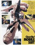  1980s_(style) alpha_azieru anime_screenshot battle char&#039;s_counterattack character_name energy_beam english_commentary firing gundam highres machinery magazine_scan mecha mixed-language_text mobile_armor mobile_suit neo_zeon newtype official_art oobari_masami promotional_art retro_artstyle robot scan science_fiction space spoilers thrusters translation_request 