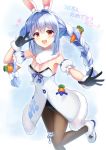  1girl :d animal_ear_fluff animal_ears bangs black_gloves black_leotard blue_hair blush bow braid breasts brown_legwear bunny_ears carrot_hair_ornament commentary_request detached_sleeves dress eyebrows_visible_through_hair food_themed_hair_ornament fur-trimmed_dress fur-trimmed_gloves fur_trim gloves hair_between_eyes hair_bow hair_intakes hair_ornament hand_up highres hololive kaie leotard long_hair looking_at_viewer multicolored_hair open_mouth pantyhose puffy_short_sleeves puffy_sleeves red_eyes shoes short_eyebrows short_sleeves small_breasts smile solo standing standing_on_one_leg strapless strapless_dress strapless_leotard thick_eyebrows translation_request twin_braids twintails two-tone_hair upper_teeth usada_pekora v_over_eye very_long_hair virtual_youtuber white_bow white_dress white_footwear white_hair white_sleeves 