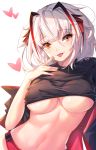  1girl absurdres arknights bangs black_shirt blush breasts eyebrows_visible_through_hair heart highres horns ijuun large_breasts looking_at_viewer navel orange_eyes panties red_panties shirt short_hair silver_hair simple_background smile solo tongue tongue_out underboob underwear w_(arknights) white_background 
