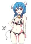  1girl :d absurdres animal_print ass_visible_through_thighs bell bell_choker bikini black_choker black_ribbon blue_hair blush breasts choker cow_girl cow_horns cow_print cow_tail cropped_legs fang front-tie_bikini front-tie_top groin hand_on_hip highres horns jashin-chan_dropkick large_breasts looking_at_viewer minos_(jashin-chan_dropkick) navel open_mouth print_bikini red_eyes ribbon side-tie_bikini signature simple_background smile solo standing swimsuit tail white_background yyuki317 