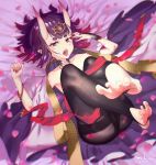  1girl absurdres bare_shoulders black_legwear blush bob_cut bracelet commentary_request fate/grand_order fate_(series) feet feet_up fingernails headpiece highres horns japanese_clothes jewelry kimono legs_together looking_at_viewer lying nail_polish on_back oni oni_horns open_clothes open_kimono open_mouth pantyhose pearl_bracelet petals pov_feet puk purple_eyes purple_hair purple_kimono red_ribbon ribbon sharp_fingernails short_eyebrows short_hair shuten_douji_(fate/grand_order) single_bridal_gauntlet skin-covered_horns solo stirrup_legwear thighband_pantyhose toeless_legwear toes tongue tongue_out 