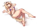  1girl absurdres barefoot bikini blonde_hair blue_eyes blush breasts commission full_body granblue_fantasy hair_intakes hairband hand_in_hair highres invisible_chair jeanne_d&#039;arc_(granblue_fantasy) kelvin_hiu leg_up long_hair looking_at_viewer medium_breasts messy_hair navel o-ring o-ring_bikini purple_bikini purple_hairband reclining revision side-tie_bikini sitting solo sweatdrop swimsuit thick_thighs thighs toes underboob very_long_hair 