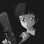  1girl bangs black_background black_hair blunt_bangs closed_mouth dominator_(gun) english_commentary gun highres holding holding_gun holding_weapon kukie-nyan looking_at_viewer psycho-pass shirt short_hair simple_background solo tsunemori_akane upper_body weapon white_shirt wing_collar 