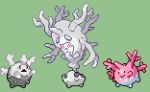  black_eyes closed_mouth commentary_request corsola creature cursola frown full_body galarian_and_normal galarian_corsola galarian_form gen_2_pokemon gen_8_pokemon green_background jon_(zyagapi) no_humans pink_eyes pixel_art pokemon pokemon_(creature) simple_background smile sprite 