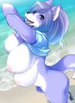  4_breasts anthro beach big_breasts blush bottomless breasts canid canine clothed clothing clothing_lift edit female fur kemono kikurage looking_at_viewer mammal multi_breast open_mouth open_smile purple_body purple_fur seaside shirt shirt_lift smile solo standing topwear undressing 