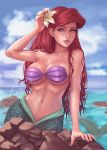  1girl ariel_(disney) artist_request bare_shoulders breasts commentary disney english_commentary highres lips long_hair looking_at_viewer mermaid mole mole_above_mouth monster_girl navel ocean purple_eyes red_hair rock shell shell_bikini solo the_little_mermaid water wet 