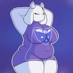  1:1 anthro belly big_belly big_breasts boss_monster bovid breasts caprine clothed clothing colored dress female goat hands_behind_head hi_res horn mammal meloeatta navel nipple_outline overweight simple_background solo thick_thighs toriel undertale video_games 