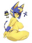  1girl animal_ears ankh ass bob_cut breasts cat_ears cat_tail doubutsu_no_mori egyptian eyeliner from_behind furry hair_ornament highres large_breasts looking_at_viewer looking_back makeup nile_(doubutsu_no_mori) nipples shiny shiny_hair shiny_skin short_hair simple_background sitting slugbox snake_hair_ornament solo striped_tail sweat tail thong topless underboob white_background yellow_skin 