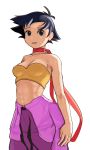  abs alternate_color backlighting black_eyes black_hair bra breasts choker cleavage clothes_around_waist collarbone dougi highres lineni looking_at_viewer makoto_(street_fighter) off_shoulder red_ribbon ribbon ribbon_choker short_hair small_breasts sports_bra strapless strapless_bra street_fighter street_fighter_iii_(series) sweat sweating_profusely toned underwear white_background yellow_bra 