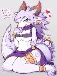  &lt;3 2020 anthro blush breasts claws clothed clothing dragon ear_piercing ear_ring female fur furred_dragon hi_res horn kemono looking_at_viewer moriguru nipple_outline open_mouth piercing pink_tongue purple_clothing purple_text simple_background solo text toe_claws tongue translated wingless_dragon 