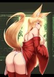  1girl animal_ears ass bangs bare_shoulders blonde_hair blush breasts covering covering_breasts fox_ears fox_girl fox_tail fundoshi highres japanese_clothes large_breasts long_hair looking_at_viewer looking_back off_shoulder open_mouth original purple_eyes red_legwear shuugetsu_karasu solo tail thighhighs wide_sleeves 