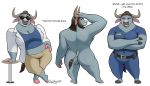  2020 absurd_res anthro back_boob badroy big_breasts bovid bovine breasts brown_hair cape_buffalo chief_bogo cleavage clothed clothing crossed_arms crossgender dialogue disney english_text eyewear female hair hair_bun hand_on_head hand_on_hip hi_res horn leaning_on_object looking_at_viewer looking_back makeup mammal midriff multiple_poses nude police_uniform pose rear_view simple_background solo standing sunglasses tail_tuft text thick_thighs tuft uniform zootopia 