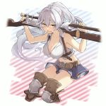  1girl belt boots breasts commentary granblue_fantasy gun large_breasts midriff miyashirorin navel over_shoulder ponytail rifle silva_(granblue_fantasy) silver_hair skirt sniper_rifle thigh_boots thighhighs weapon weapon_over_shoulder yellow_eyes 