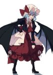  1girl ascot bat_wings blue_hair boots bow brooch eyebrows_visible_through_hair full_body hand_on_hip hat hat_bow high_heel_boots high_heels highres himajinsan0401 jewelry juliet_sleeves long_sleeves mob_cap puffy_sleeves red_eyes sharp_teeth simple_background solo standing teeth touhou twitter_username waist_bow white_background wings 
