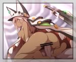  1boy 1girl anus ass bar_censor blush bottomless breasts censored cloak clover commentary cowgirl_position dark_skin erection feet four-leaf_clover guilty_gear guilty_gear_xrd hat looking_at_viewer looking_back no_bra orange_eyes penis pussy ramlethal_valentine sex small_breasts straddling sword tan topless vaginal waero weapon white_hair 