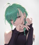  1other androgynous bangs bare_shoulders bridal_veil gloves green_hair highres lempika looking_at_viewer nijisanji parted_lips purple_eyes ryuushen short_hair simple_background smile solo upper_body veil virtual_youtuber 