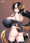 absurd_res animal_humanoid big_breasts black_clothing black_hair black_legwear black_thigh_highs bottomless breasts brown_tail butt censored censored_genitalia censored_pussy clothed clothing digital_media_(artwork) dragon dragon_humanoid female genitals hair hi_res horn horned_humanoid huge_breasts humanoid legwear light_body light_skin mammal mosaic_censorship multicolored_hair mythological_creature mythological_scalie mythology nipple_outline pussy rarityussr red_eyes scalie solo tail thigh_highs white_hair