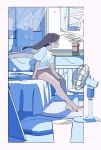  1girl bangs bare_legs barefoot border bottle closed_eyes commentary curtains edoya_inuhachi fan floating_hair full_body highres holding holding_bottle indoors long_hair on_bed original plant potted_plant shirt short_shorts short_sleeves shorts sitting sitting_on_bed solo t-shirt white_shirt window 