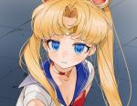  1girl bishoujo_senshi_sailor_moon blonde_hair blue_eyes blue_sailor_collar breasts choker cleavage collarbone crescent crescent_earrings derivative_work diadem earrings gotoh510 hair_bun heart heart_choker jewelry long_hair red_choker sailor_collar sailor_moon sailor_moon_redraw_challenge sailor_senshi sailor_senshi_uniform screencap_redraw solo tsukino_usagi twintails upper_body 