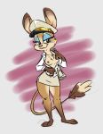  2019 3_toes anthro bedroom_eyes bottomwear breasts character_request chest_tuft clothed clothing dipodomyine draegwolf exposed_breasts female hat headgear headwear heteromyid hi_res ishoka kangaroo_rat looking_at_viewer mammal narrowed_eyes nipples rodent sagirah_abdulaziz seductive simple_background skirt smile solo standing tagme tail_tuft toes tuft unbuttoned unbuttoned_shirt undressing uniform 