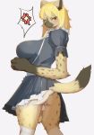  anthro balls blonde_hair blush bodily_fluids bottomwear breasts butt clothed clothing dipstick_tail fur genital_fluids genitals grey_clothing hair hi_res hyaenid kemono looking_at_viewer mammal multicolored_body multicolored_fur multicolored_tail penis precum raaggu simple_background skirt solo spotted_hyena white_background 