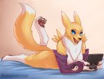  anthro blue_eyes canid canine chest_tuft clothing digimon digimon_(species) energyvector female fox gaming gloves handwear happy lying mammal nintendo nintendo_ds nintendo_ds_family pawpads paws renamon smile solo tuft video_games 