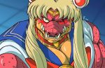  alternate_species ambiguous_gender blonde_hair blush bodily_fluids choker crocodile crocodilian crocodylid crocodyne crossover crown dragon_quest ear_piercing ear_ring eye_scar hair hi_res jewelry long_hair muscular muscular_ambiguous necklace one_eye_closed piercing reptile sailor_moon_(character) sailor_moon_(series) sailor_moon_redraw_challenge scales scalie scar sharp_teeth square_enix sweat teeth tiara video_games wolftor 