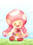  2015 belt blush clothing cloud day eyes_closed female footwear grass happy humanoid mario_bros nintendo not_furry open_mouth open_smile pigtails smile solo toad_(mario) toadette tongue video_games zuyu 