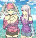  2girls alternate_costume black_legwear black_skirt blue_eyes breasts casual cleavage contemporary cowboy_shot day denim denim_shorts fire_emblem fire_emblem:_three_houses grey_hair hand_on_another&#039;s_shoulder hat head_wings jacket long_hair long_sleeves looking_at_viewer lysithea_von_ordelia marfrey medium_breasts melia miniskirt multiple_girls ocean off-shoulder_shirt off_shoulder outdoors partially_unzipped pencil_skirt pink_eyes pink_headwear pink_jacket purple_shirt shirt shorts silver_hair skirt smile swimsuit swimsuit_under_clothes thighhighs white_hair white_swimsuit xenoblade_(series) xenoblade_1 