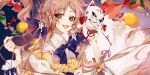  1girl arcaea balloon bell blue_background blue_bow bow braid brown_hair buttons character_request chinese_commentary collared_shirt commentary_request dot_nose dress dress_shirt eyelashes eyes_visible_through_hair fireworks fish floating_clothes floating_hair floral_print flower flying_fish food fox_mask fruit goldfish hair_bow hair_flower hair_ornament happy highres holding holding_mask leaf lemon light_blush long_hair looking_at_viewer mask open_mouth outline pink_outline schwarzald shirt side_braid smile solo upper_body white_flower white_mask white_shirt yellow_dress yellow_eyes yellow_shirt 