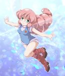  1girl :d apple_print blue_leotard boots breasts brown_footwear covered_navel fairy fairy_wings full_body green_eyes highres juusenki_l-gaim knee_boots leotard lilith_fau long_hair mizushiro_takuya short_sleeves small_breasts smile solo very_long_hair wings 